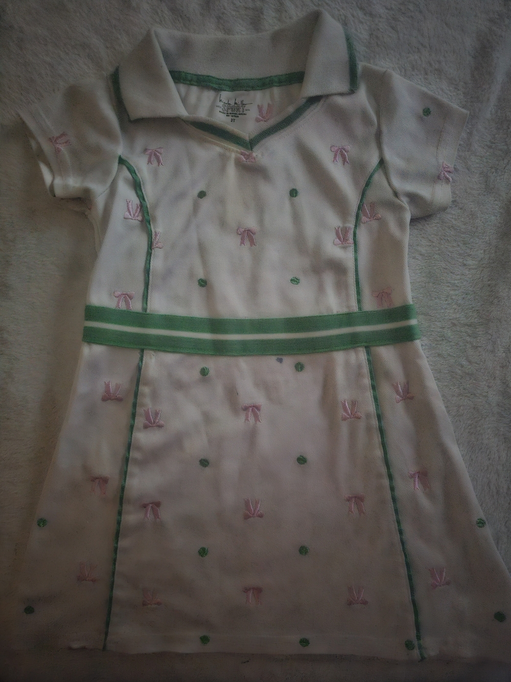 Nicole Miller White Kids Polo Dress with Green Trim and Pink Bow Details